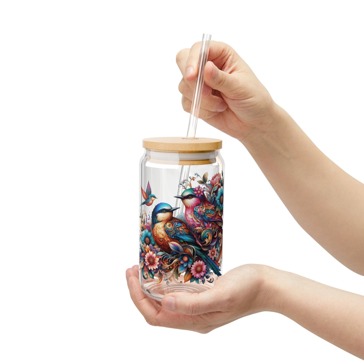 Colorful Bird Sipper Glass - 16oz Reusable Drinkware with Straw