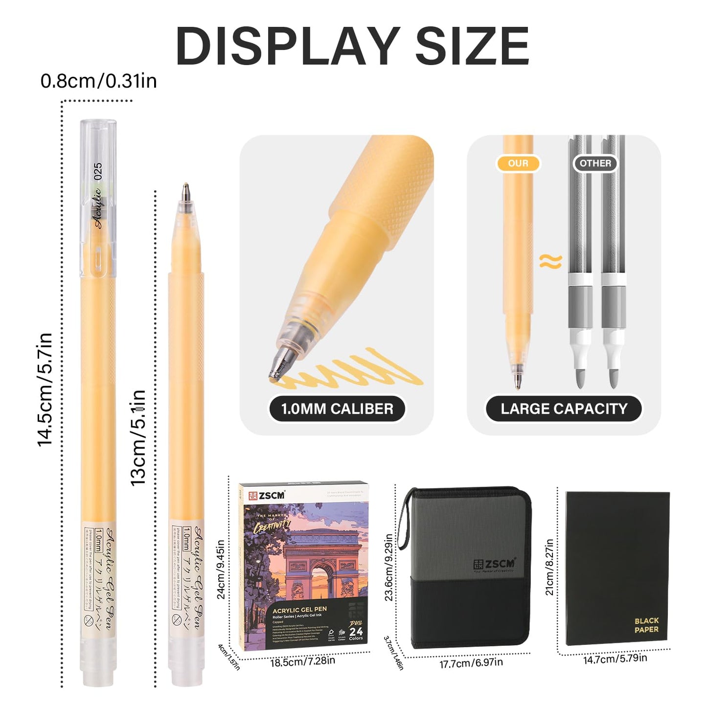 ZSCM Black Paper Sketchbook & 24 Colors Acrylic Gel Pens for Drawing, 1mm Fine Point Acrylic Ink Pen, Opaque Archival Dull Ink Pens for Black Paper Drawing, Sketching, Illustration, Card Making
