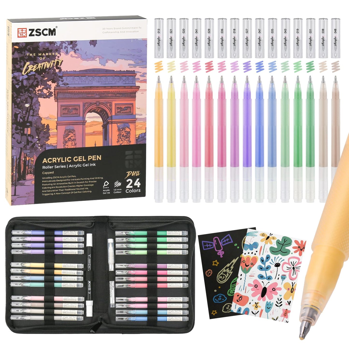 ZSCM Black Paper Sketchbook & 24 Colors Acrylic Gel Pens for Drawing, 1mm Fine Point Acrylic Ink Pen, Opaque Archival Dull Ink Pens for Black Paper Drawing, Sketching, Illustration, Card Making