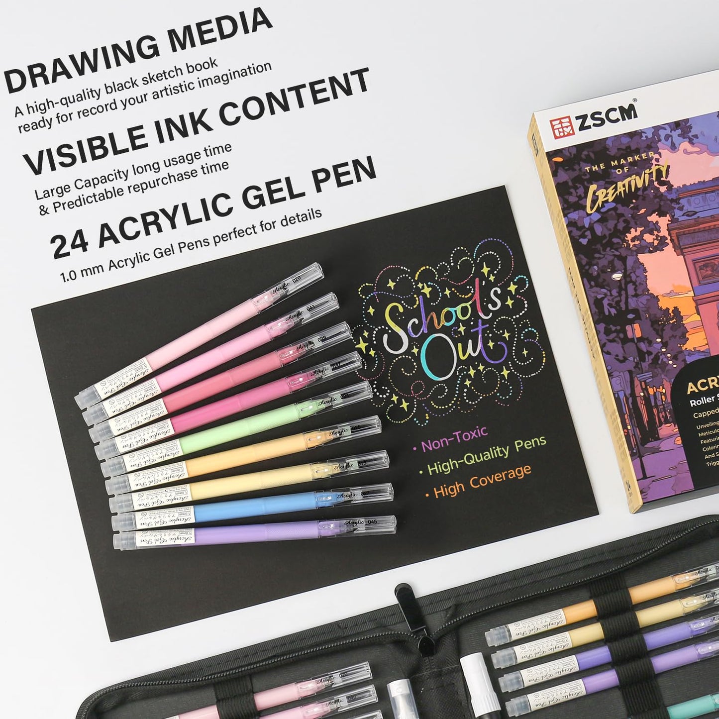 ZSCM Black Paper Sketchbook & 24 Colors Acrylic Gel Pens for Drawing, 1mm Fine Point Acrylic Ink Pen, Opaque Archival Dull Ink Pens for Black Paper Drawing, Sketching, Illustration, Card Making