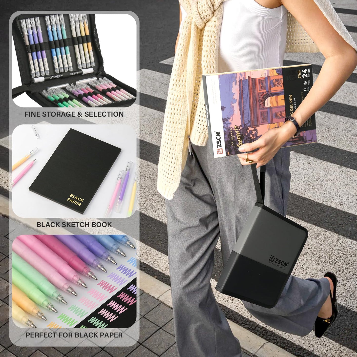 ZSCM Black Paper Sketchbook & 24 Colors Acrylic Gel Pens for Drawing, 1mm Fine Point Acrylic Ink Pen, Opaque Archival Dull Ink Pens for Black Paper Drawing, Sketching, Illustration, Card Making