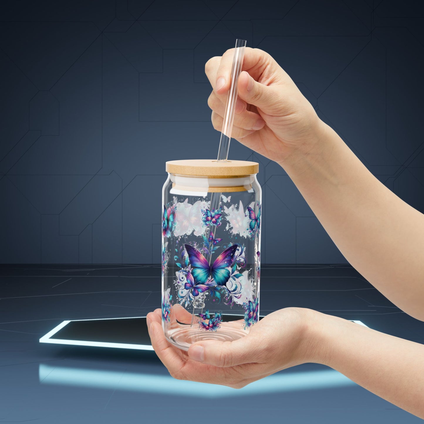 Butterfly Design Sipper Glass - 16oz Eco-Friendly Drinkware for Nature Lovers