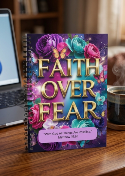 Faith Over Fear Spiral Notebook — Matthew 19:26 Inspirational Ruled Journal