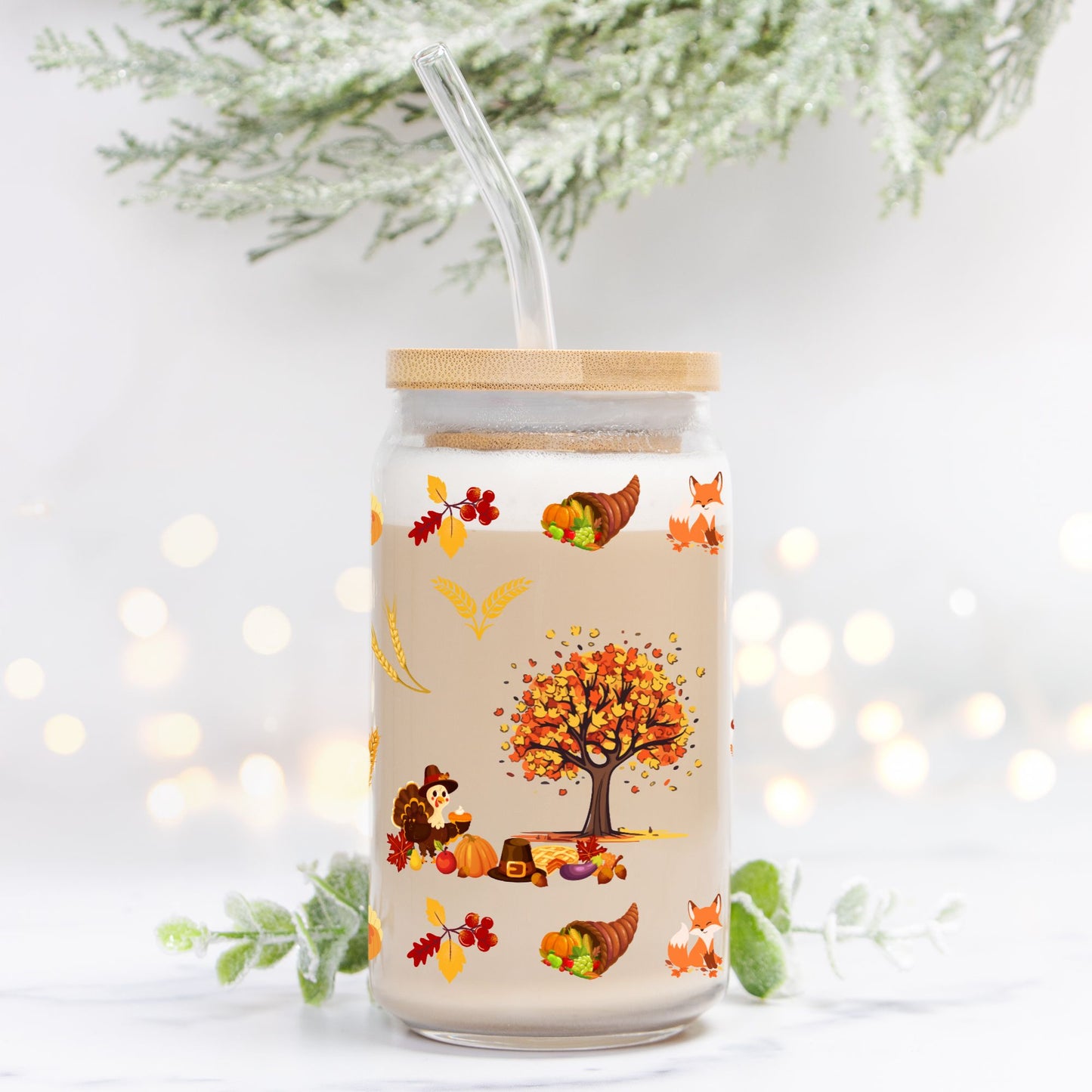 Happy Thanksgiving Glass Can 16oz