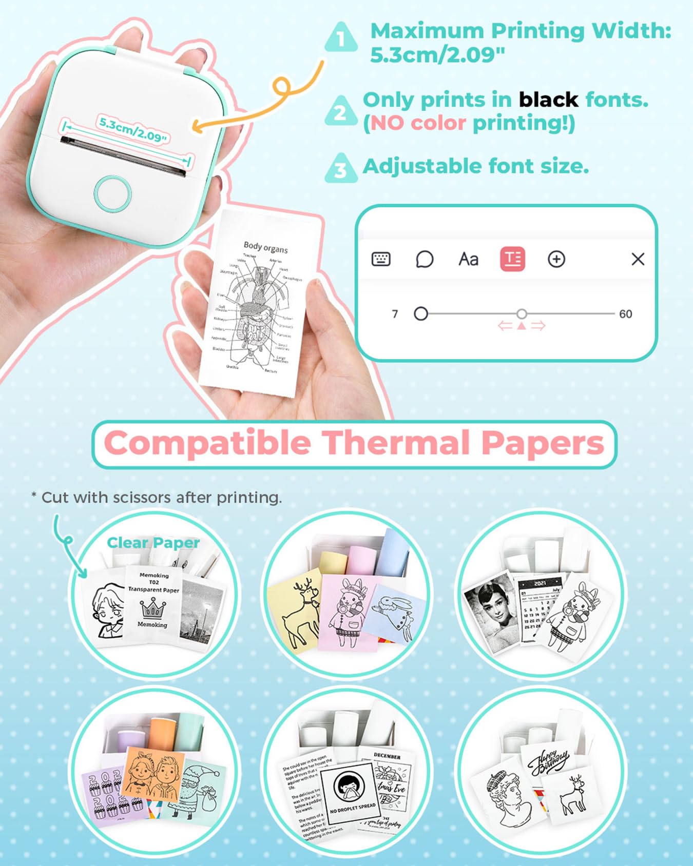 Memoking Sticker Printer - T02 Mini Portable Thermal Printer Inkless Sticker Maker Machine Bluetooth Pocket Label Maker for Study Graphics, Anatomical Diagrams, Photos, Students