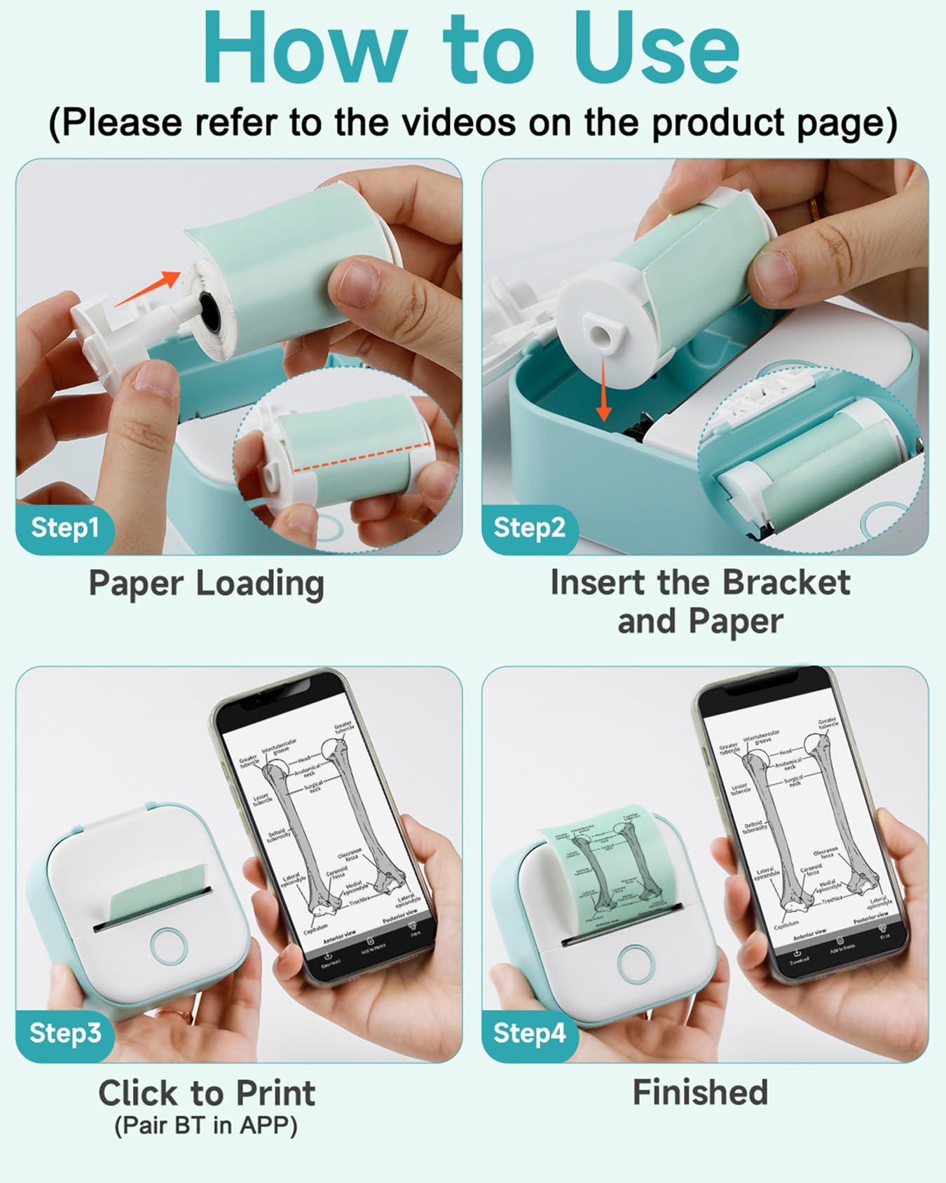Memoking Sticker Printer - T02 Mini Portable Thermal Printer Inkless Sticker Maker Machine Bluetooth Pocket Label Maker for Study Graphics, Anatomical Diagrams, Photos, Students