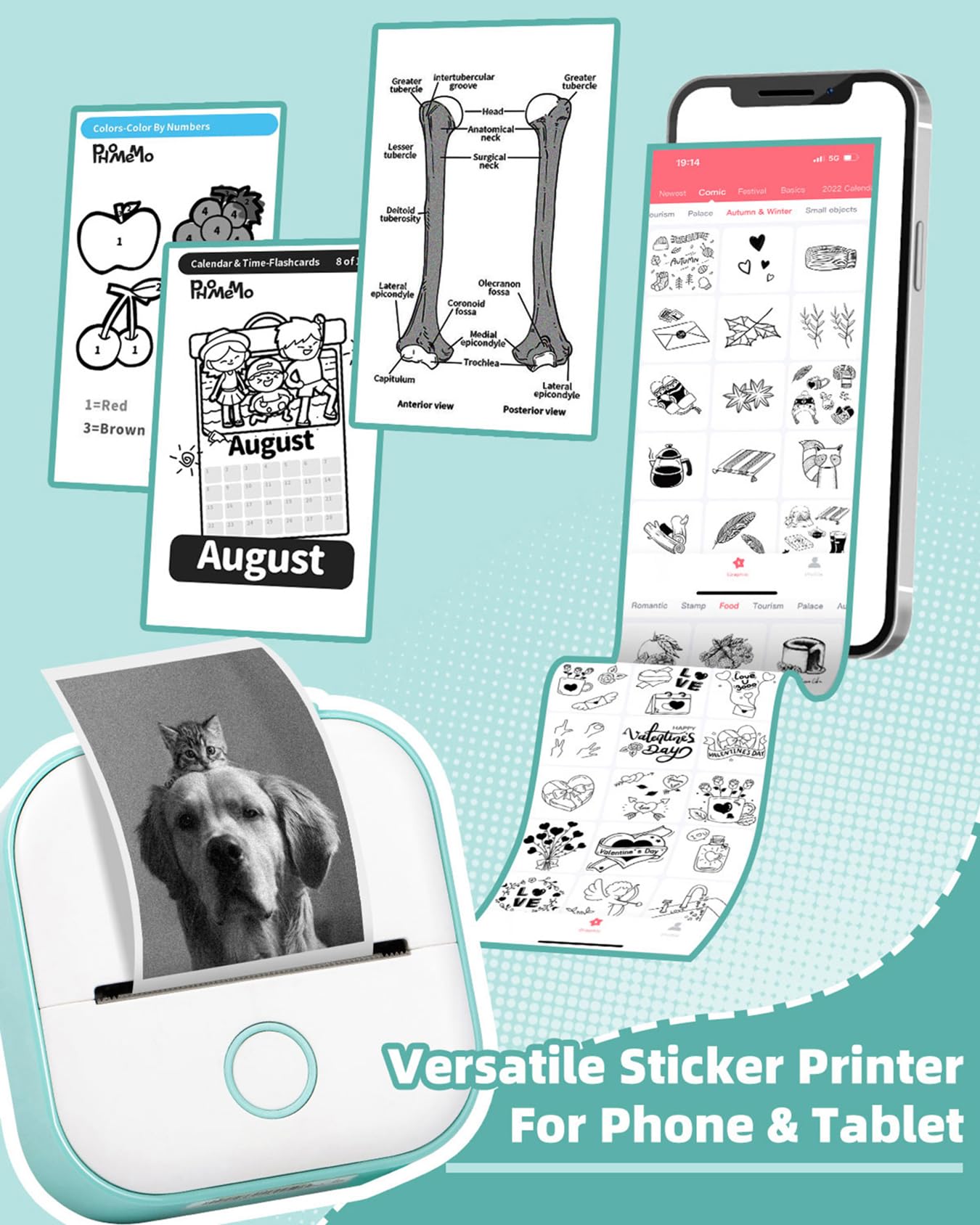 Memoking Sticker Printer - T02 Mini Portable Thermal Printer Inkless Sticker Maker Machine Bluetooth Pocket Label Maker for Study Graphics, Anatomical Diagrams, Photos, Students