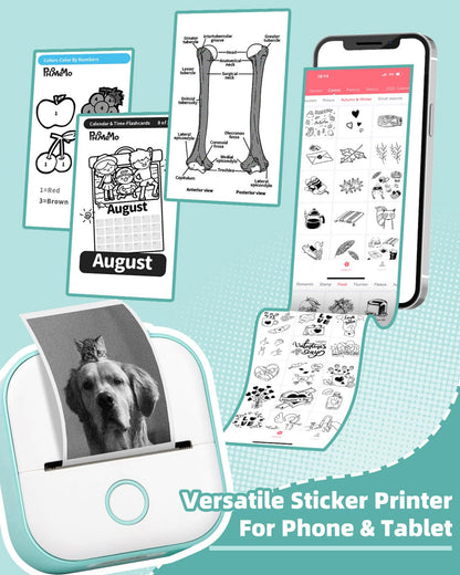 Memoking Sticker Printer - T02 Mini Portable Thermal Printer Inkless Sticker Maker Machine Bluetooth Pocket Label Maker for Study Graphics, Anatomical Diagrams, Photos, Students