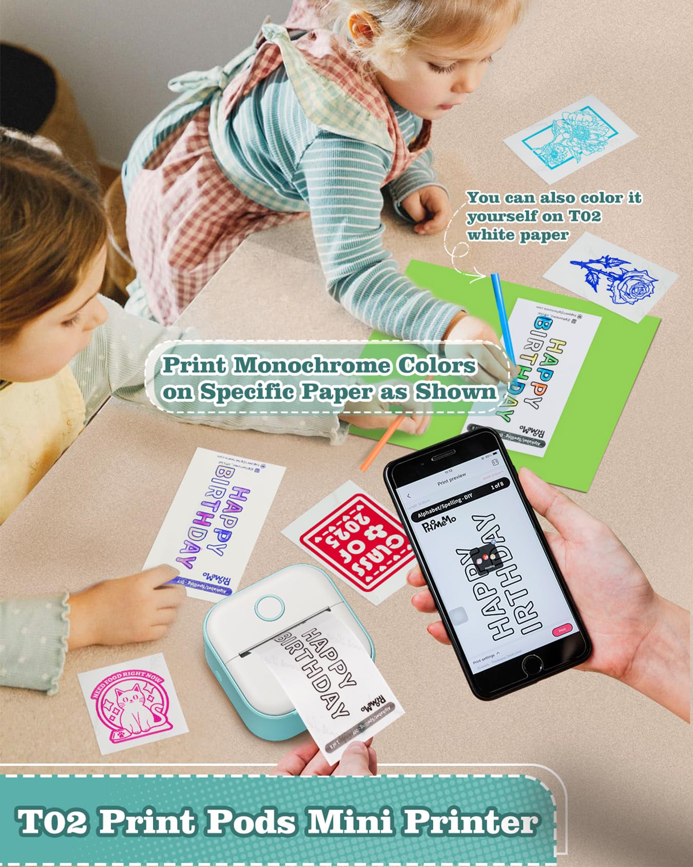 Memoking Sticker Printer - T02 Mini Portable Thermal Printer Inkless Sticker Maker Machine Bluetooth Pocket Label Maker for Study Graphics, Anatomical Diagrams, Photos, Students