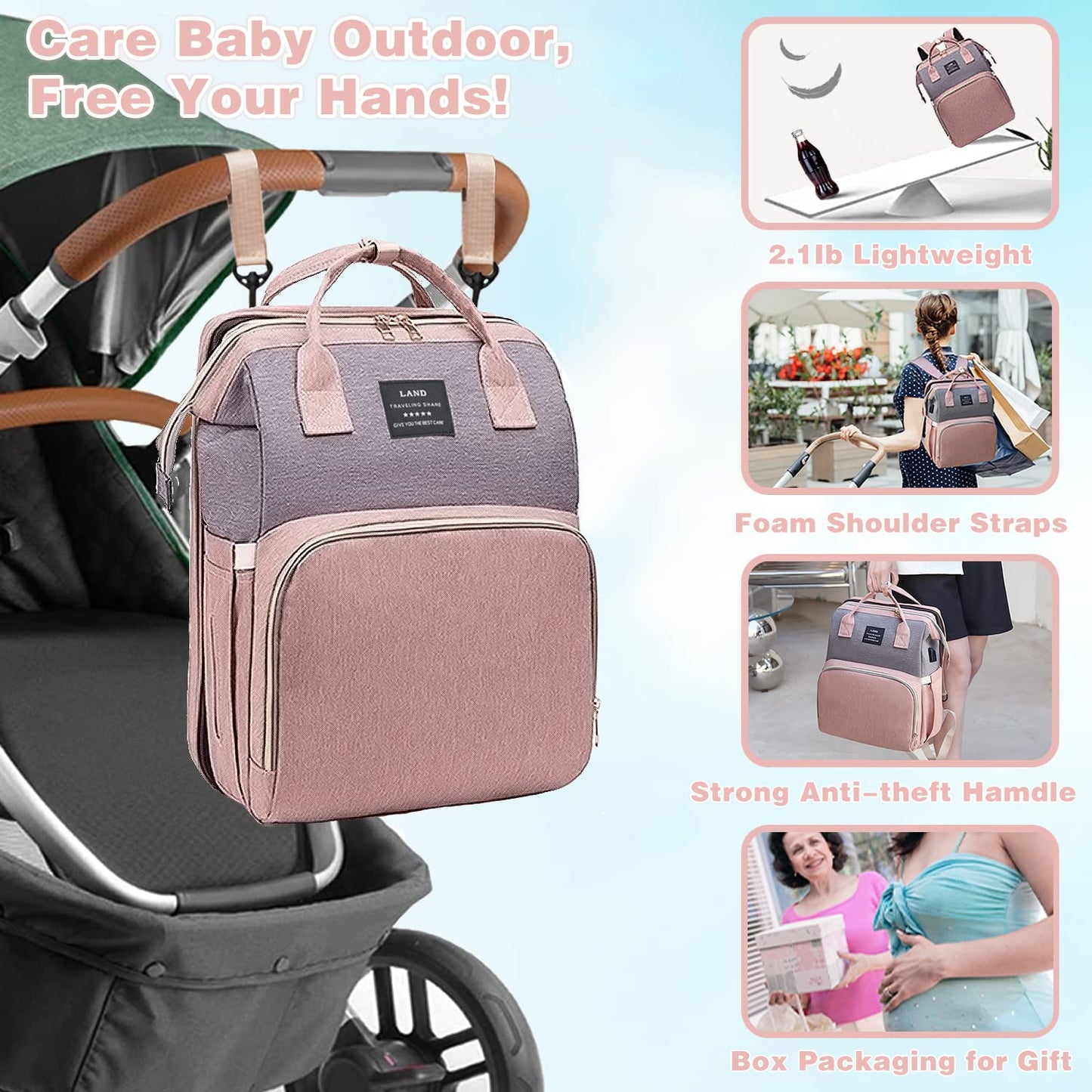 ANWTOTU Diaper Bag with Changing Station,Diaper Bag Backpack，7 in 1 Travel Baby Diaper Bag,Mommy Bag With USB Charging Port (Pink-Grey)