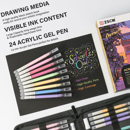ZSCM Black Paper Sketchbook & 24 Colors Acrylic Gel Pens for Drawing, 1mm Fine Point Acrylic Ink Pen, Opaque Archival Dull Ink Pens for Black Paper Drawing, Sketching, Illustration, Card Making